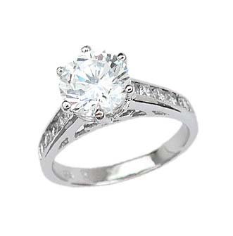 Sterling Silver Solitaire Engagement Ring With Round Cubic Zirconia in 6 Prong Setting With Sidestones in Channel Setting รูปที่ 1