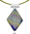 Sterling Silver Dichroic Glass Bezel-Set Blue, Green and Yellow Diamond-Shaped Pendant on Stainless Steel Wire, 18