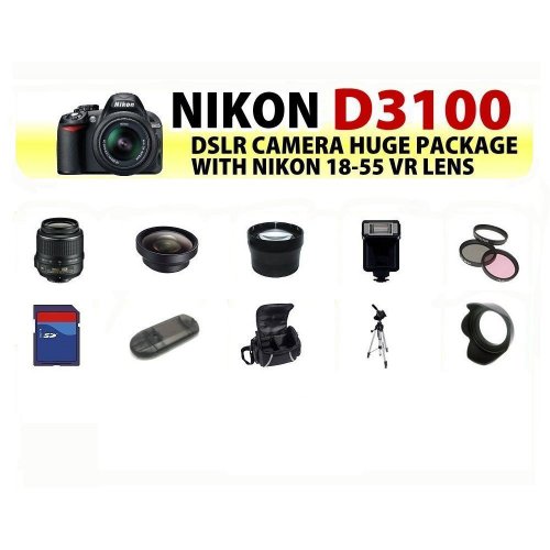 Review The Nikon D3100 SLR Digital Camera with Nikon 18-55m F3.5-5.6g Vr Lens Huge Package Including 8gb Sdhc Memory Card + Card Reader + Wide Angle Lens + 2x Telephoto Lens + Filter Kit + Digital Flash + Case + Tripod + Lens Hood + Nikon School DVD and More! รูปที่ 1