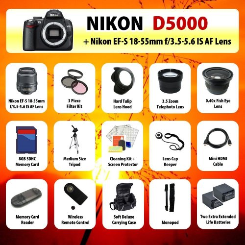 Review Nikon D5000 Digital SLR Camera + 18-55mm Lens + 3.5x Telephoto Lens + 0.40 Fish-Eye Lens + Filter Kit + 8GB SD + Card Reader + 2 Extra Batteries + Case + Mini HDMI Cable + Tripod + Monopod + Starter Kit + MORE! รูปที่ 1