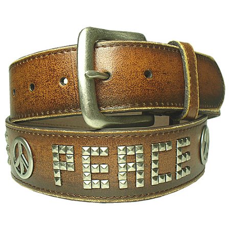 New Peace Sign Studded Brown Leather Belt XL 42 44  รูปที่ 1