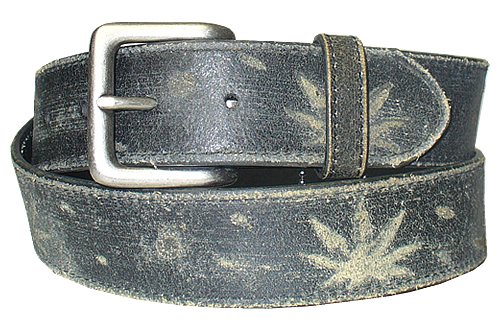 Mens Black Pot Leaf Design Distressed Leather Belt  รูปที่ 1