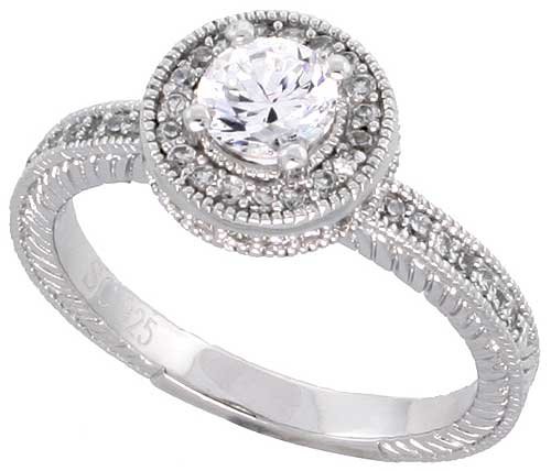 Sterling Silver Vintage Style Engagement Ring, w/ a 5mm (.5 ct) Round CZ Stone, 3/8