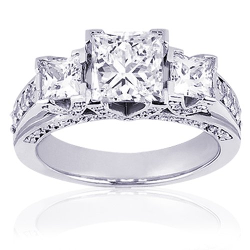 1.30 Ct 3 Stone Princess Cut Diamond Engagement Ring 14K รูปที่ 1