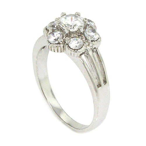 Sterling Silver Classic Flower Flower Cluster Engagement Ring w/Round Brilliant White CZs รูปที่ 1