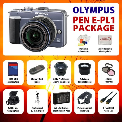 Review Olympus PEN E-PL1 12.3Megapixel Live MOS Micro Four Thirds Interchangeable Lens Digital Camera with 14-42mm f/3.5-5.6 Zuiko Digital Zoom Lens (Blue) + SSE Best Value 16GB, Deluxe Carrying Case, HDMI Cable, Lens & Tripod Complete Accessories Package รูปที่ 1