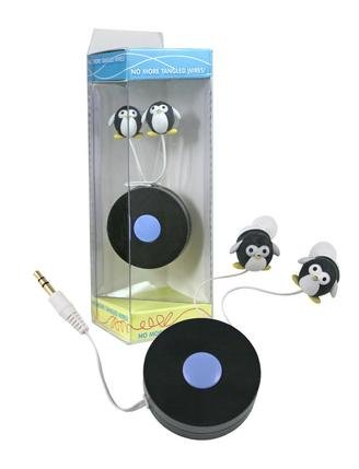 Retractable Cord Storage Penguin Shaped Earbuds Ear Buds Headphones ( Streamline Ear Bud Headphone ) รูปที่ 1