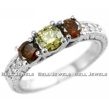 Canary Yellow & Red Diamond Three-Stone Ring 14k White Gold รูปที่ 1