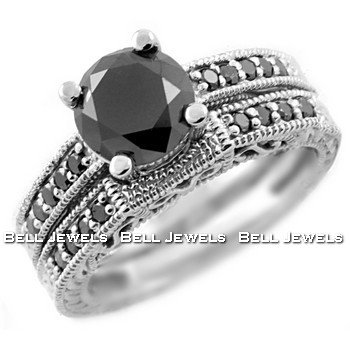 2.60ct Black Diamond Engagement Ring Set 14k White Gold Antique Style รูปที่ 1