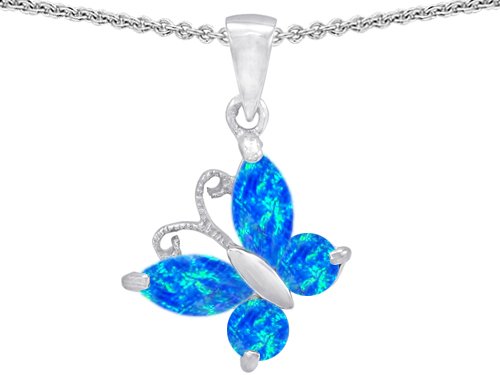 2.20 cttw 14k White Gold Plated 925 Silver Butterfly 1 inch Pendant Made with Created Blue Opal รูปที่ 1