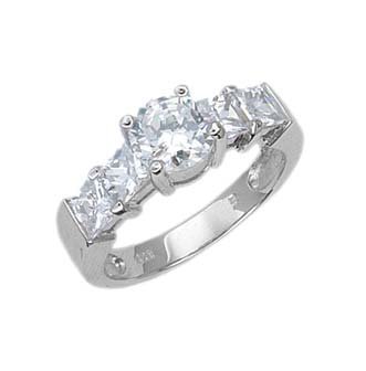 Sterling Silver Solitaire Engagement Ring With Round Cubic Zirconia in Four Prong Setting with Sidestones รูปที่ 1