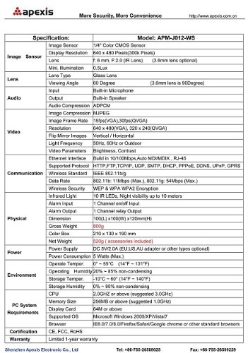 Support Gmail/Hotmail/Yahoo mailbox.Free DDNS for Remote viewing,Up to 11 languages for worldwide users/Support up to 9 users online,P/T function.64 channels clients software/DDNS Service ,easy for user to vist. I/O Input/output. Can set NO&NC IO Alarm from Software/Apexis APM-J012-WS IP Camera White color ( CCTV ) รูปที่ 4