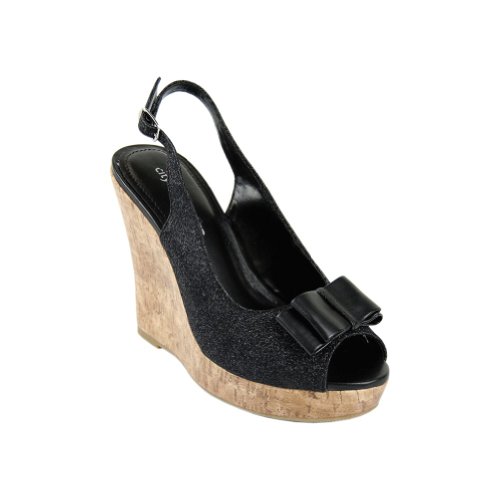 Cork Wedge Peep Toe Sandal Black Glitter รูปที่ 1