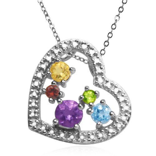 Sterling Silver Multi-Gemstone and Diamond Accent Heart Pendant, 18