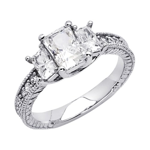 14K White Gold Emerald Three Stone CZ Cubic Zirconia Wedding Engagement Ring Band รูปที่ 1