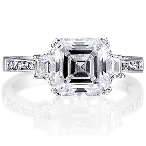 Sterling Silver Asscher Cubic Zirconia CZ 3-Stone Ring - Women's Engagement Wedding Ring รูปที่ 1