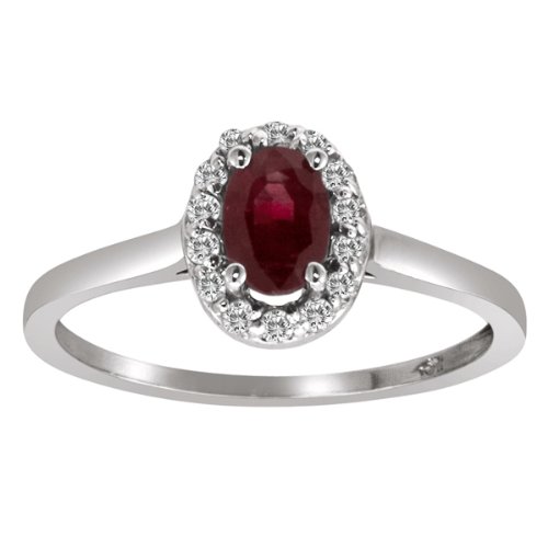 Sterling Silver Round Diamond & Oval Ruby Ring (1 cttw, H-I, SI) รูปที่ 1