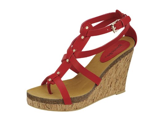 Reneeze BIRD-1 Women's High-Heels Platforms Wedge Ankle-Strap Sandals - Red ( Ankle Strap Sandal ) รูปที่ 1