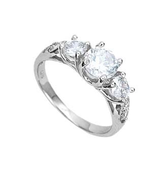 Sterling Silver Three Stone Engagement Ring With Round Cubic Zirconias รูปที่ 1