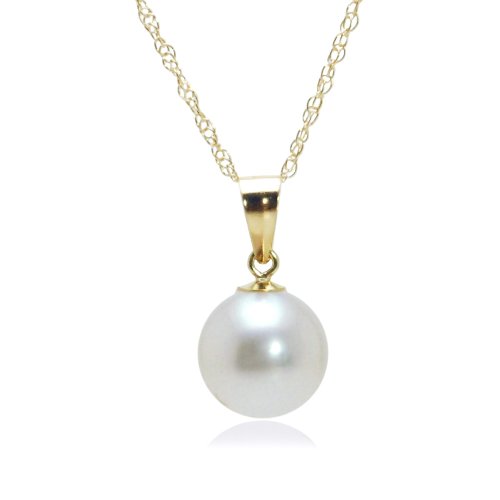 14k Yellow Gold White AA Grade 8.5-9mm Akoya Cultured Pearl Pendant, 18