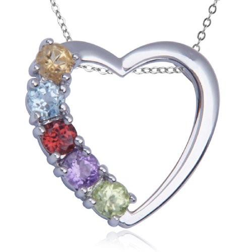 Rhodium Plated Sterling Silver Multi-Gemstone Heart Pendant, 18