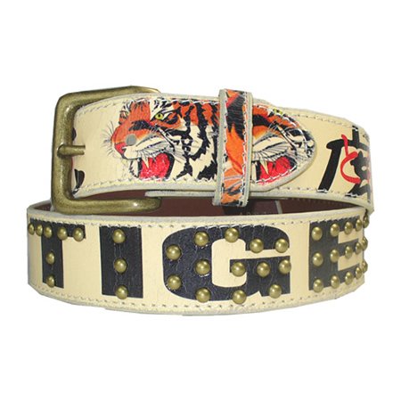 Tiger Print Distressed Leather Studded Belt M 34 36  รูปที่ 1