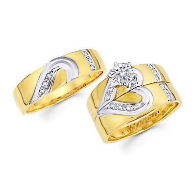 1/4ct Diamond 14k Gold Heart Engagement Wedding Trio His and Hers 3 Ring Set (G-H, SI2) รูปที่ 1