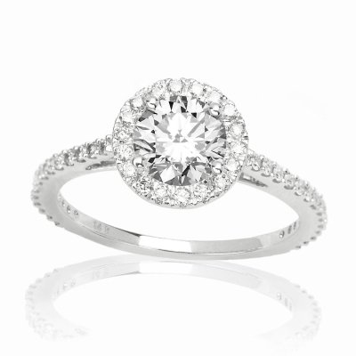 Halo Style Pave Set Round Diamond Engagement Ring with a 1.01 Carat E SI1 EGL USA Certified Center Stone and 0.4 Carats of Side Diamonds (1.41 Cttw) รูปที่ 1