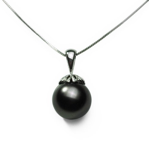 Sterling Silver 13mm Black Shell Pearl Pendant, 18