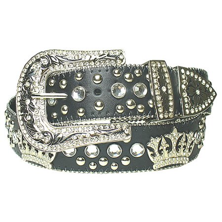 New Black Rhinestone Studded Crown Leather Belt L 38 40  รูปที่ 1