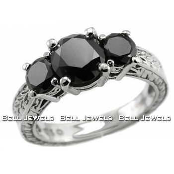 Fancy 3.00ct Fancy-Black Diamond Ring 3-Stone Ring 14k White Gold รูปที่ 1