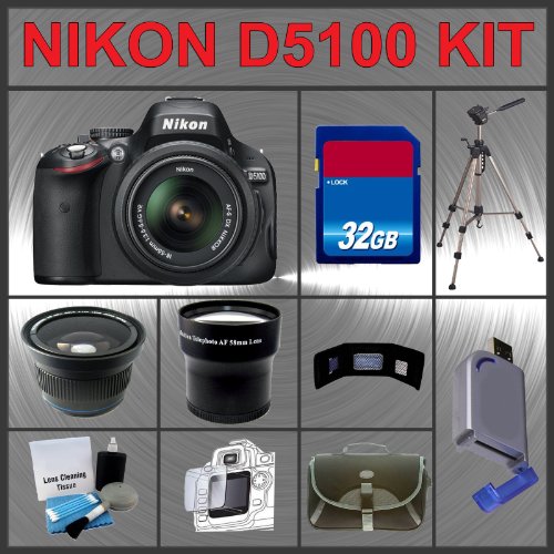 Review Nikon D5100 SLR Digital Camera with 18-55mm II AF-S DX Lens + Huge Accessories Package Including Wide Angle Macro Lens + Telephoto Lens + 32gb SDHC Memory Card + Hi-Speed SD Card Reader + 53'' Tripod + LCD / Lens Cleaner Kit + Memory Card Wallet + Carrying Case + LCD Screen Protectors + Kit รูปที่ 1