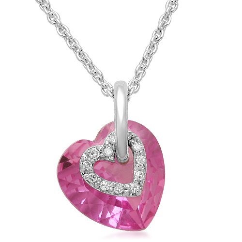 Sterling Silver  Created Pink Sapphire And  Diamonds Heart Pendant, 18