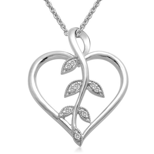 Sterling Silver Diamond Open Heart with leaves Pendant (0.07 cttw, I-J Color, I3 Clarity), 18