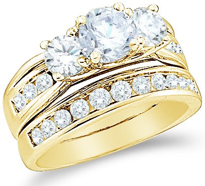 14k Yellow OR White Gold Diamond Ladies Womens Bridal Engagement Ring with Matching Wedding Band Two 2 Ring Set Three 3 Stone with Side Stones Channel Set Large Round Brilliant Cut Diamond Ring (2.50 cttw, 3/4 ct Center, G - H Color, SI2 Clarity) รูปที่ 1