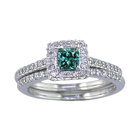 1 Ct White & Blue Diamond Engagement Ring Set 14k White Gold รูปที่ 1