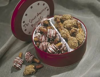 Milk Chocolate and Milk Chocolate with Almonds Caramel Crunch Pretzel Gems--16 oz. Tin ( Great American Pretzel Co. Chocolate Gifts ) รูปที่ 1