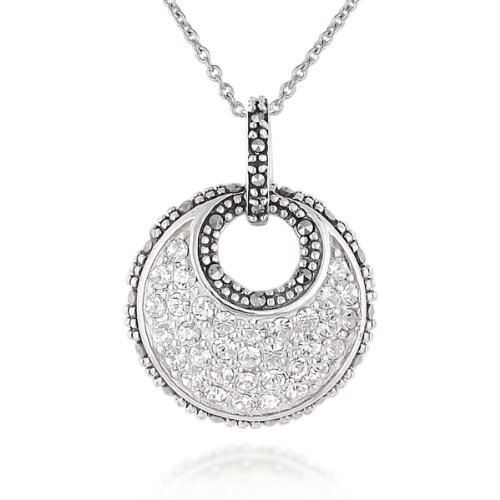 Sterling Silver Marcasite and Clear Crystals Round Disc Pendant, 18