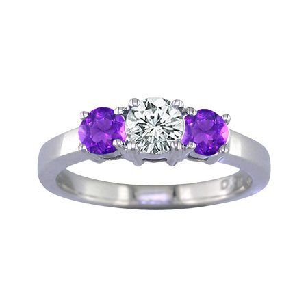 1/2 Ct Three-Stone Amethyst & Diamond Engagement Ring In 14K White Gold รูปที่ 1