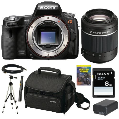 Review Sony Alpha A55 DSLR A55 SLT-A55V 16.2Megapixel DSLR with Translucent Mirror Technology and 3D Sweep Panorama with Sony SAL552002 55-200mm f/4-5.6 SAM DT Telephoto Zoom Lens + Sony Gadget Bag + Sony 8GB SD Card + Replacememtn NPFW50 Battery + Accessory Kit รูปที่ 1