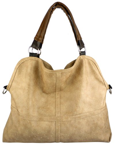 Everyday Free Style Beige Tan Soft Embossed Ostrich Double Handle Oversized Hobo Satchel Purse Handbag Tote Bag w/Detachable Strap ( MG Collection Hobo bag  ) รูปที่ 1