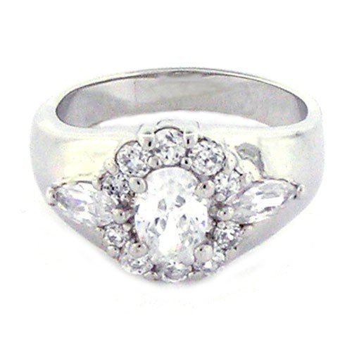 Sterling Silver Classic Flower Cluster Engagement Ring w/Oval White CZ ( Alljoy ring ) รูปที่ 4