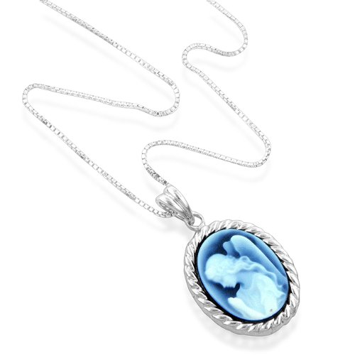 Sterling Silver 16X12mm Blue Agate Guardian Angel Cameo Pendant w/18