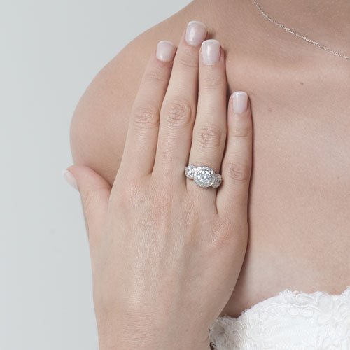 Sterling Silver Cubic Zirconia CZ 3-Stone Ring - Women's Engagement Wedding Ring ( BERRICLE ring ) รูปที่ 5