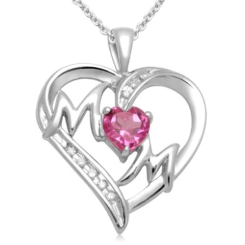 Sterling Silver Created Pink Sapphire & Diamond Mom Heart Pendant, 18