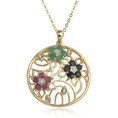 Yellow Gold Plated Sterling Silver Sapphire, Ruby, Emerald and Diamond Accent Flower Circle Pendant, 18