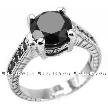 3.20ct Fancy-Black Diamond Engagement & Wedding Ring Band Set 14k White Gold Antique Style ( Bell Jewels ring ) รูปที่ 3