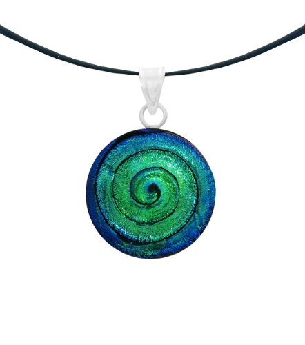 Sterling Silver Dichroic Glass Blue-Green Spiral Pendant on Stainless Steel Wire, 18