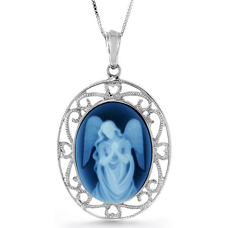 Sterling Silver Filigree Frame 16X12mm Blue Agate Guardian Angel Cameo Pendant w/18