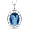 Sterling Silver Filigree Frame 16X12mm Blue Agate Guardian Angel Cameo Pendant w/18